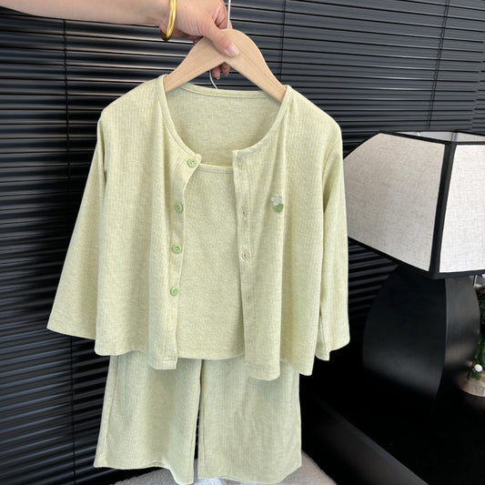 Sage Green Ribbed Lounge Set (3-Piece)