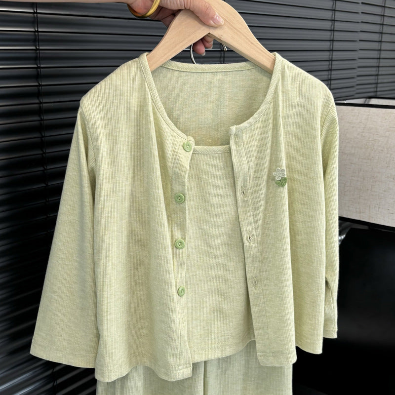 Sage Green Ribbed Lounge Set (3-Piece)