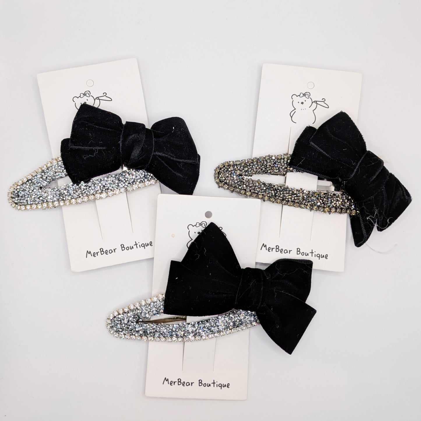 Velvet & Rhinestone Glam Bow Clips – Black Sparkle