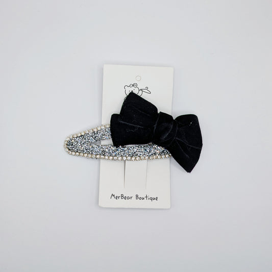 Velvet & Rhinestone Glam Bow Clips – Black Sparkle