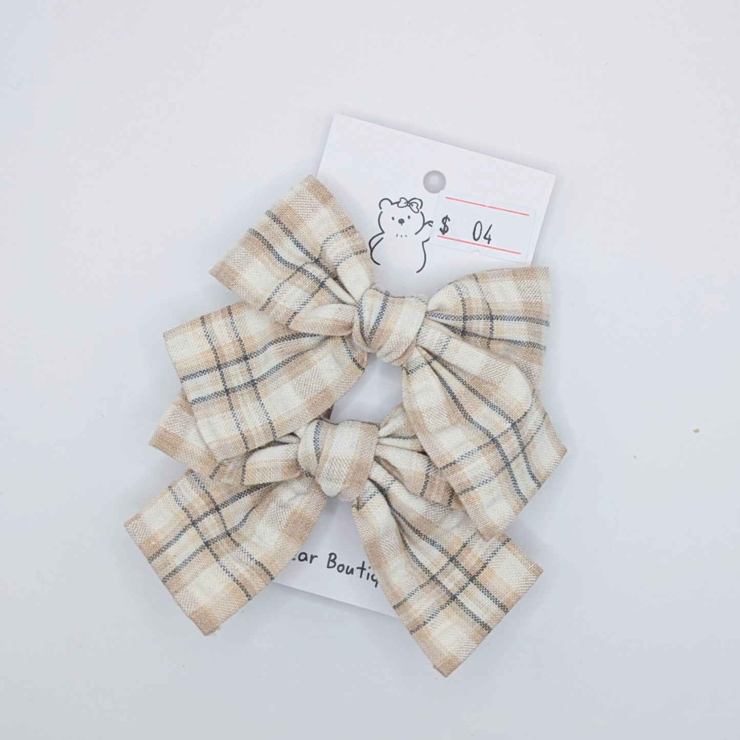 Neutral Plaid Bow Clips