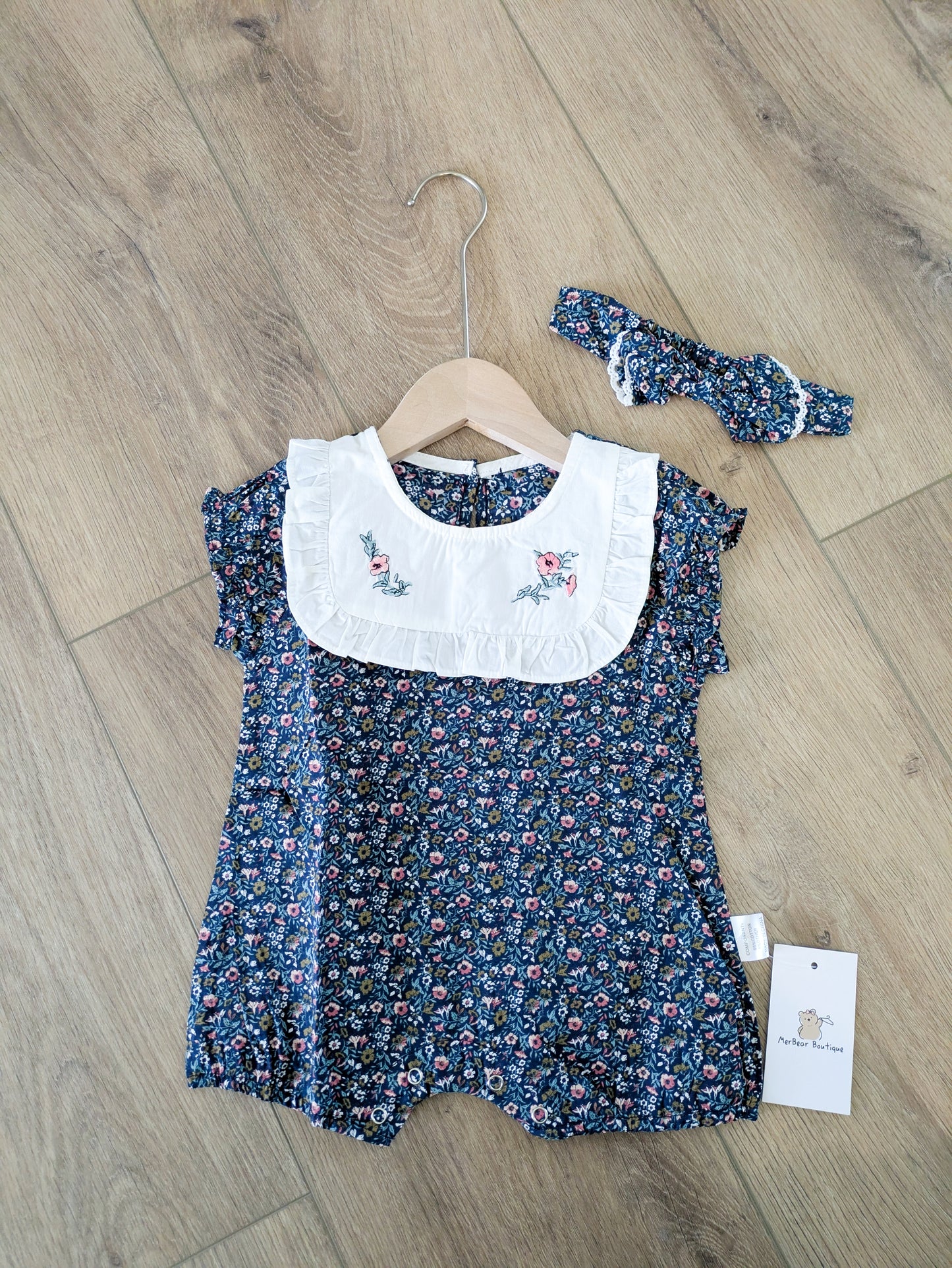 Floral Embroidered Baby Romper with Headband