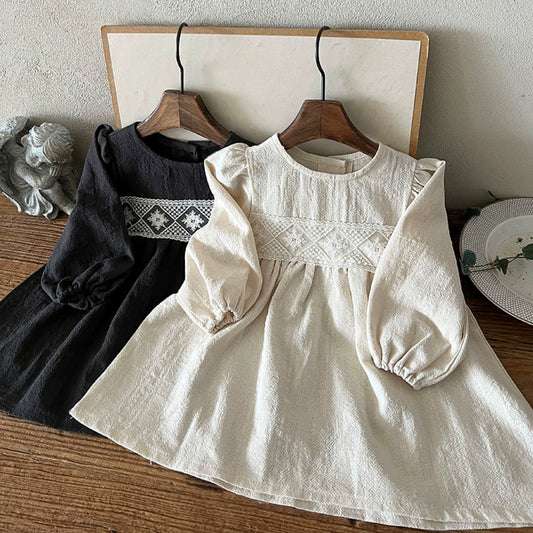 Embroidered Cotton Linen Dress – Black or Cream