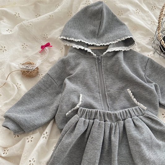 Toddler Girl Gray Waffle Knit Hoodie and Skirt Set
