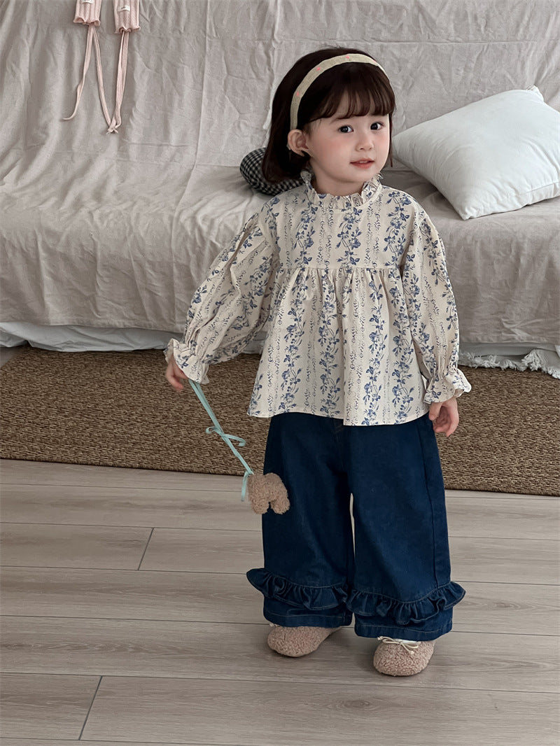 Vintage Floral Ruffle Blouse for Toddler Girls