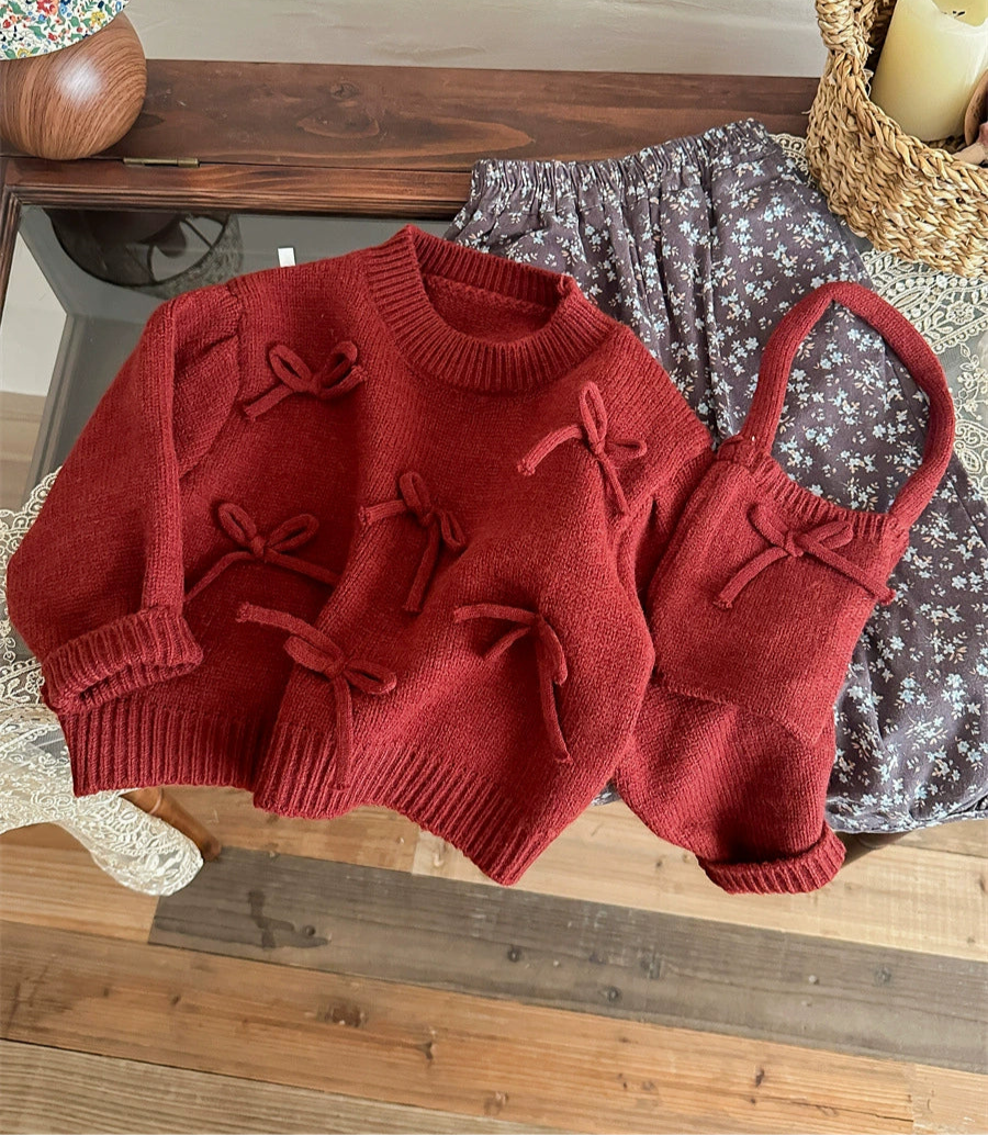 Cozy Bow-Knit Sweater with Matching Mini Bag – Deep Red