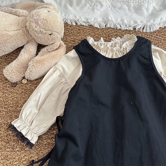 Vintage-Inspired Two-Piece Toddler Girl Outfit – Cream Puff Sleeve Blouse & Black Apron Dress