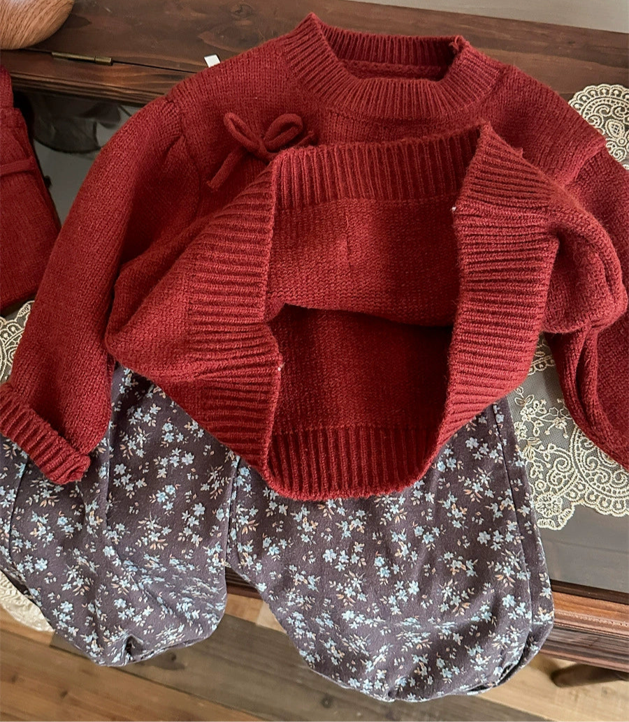 Cozy Bow-Knit Sweater with Matching Mini Bag – Deep Red