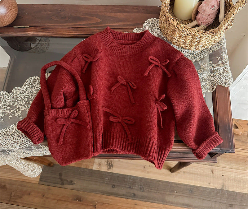 Cozy Bow-Knit Sweater with Matching Mini Bag – Deep Red