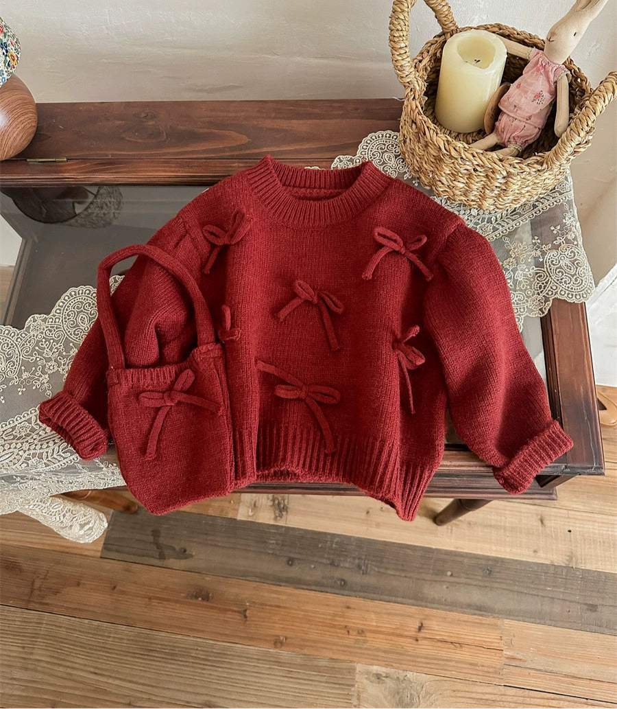 Cozy Bow-Knit Sweater with Matching Mini Bag – Deep Red