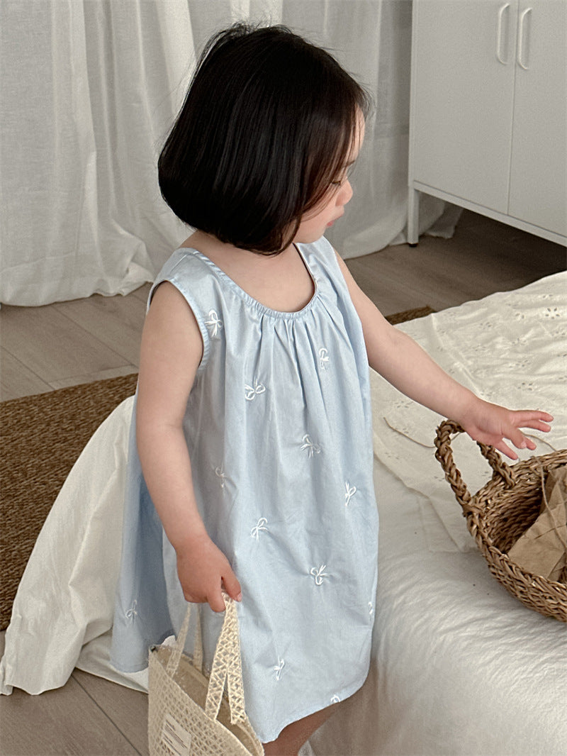 Light Blue Embroidered Bow Dress