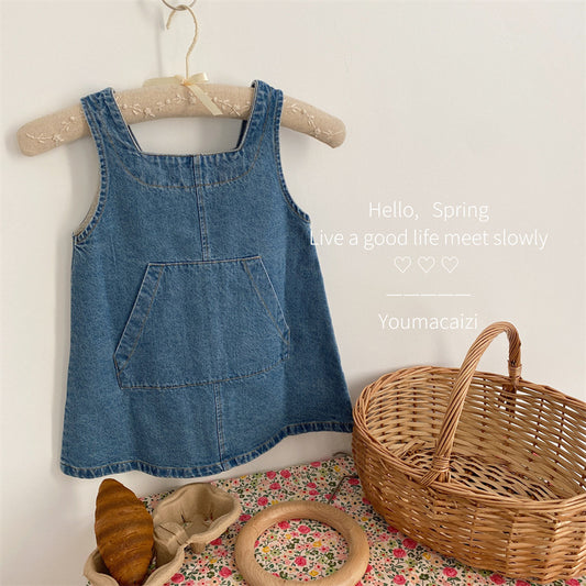 Denim Jumper Dress with Front Pocket