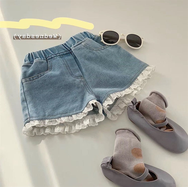 Denim Lace Trim Shorts