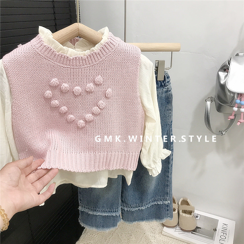 3-Piece Sweetheart Knit Vest Set – Pink Layered Blouse & Denim Outfit