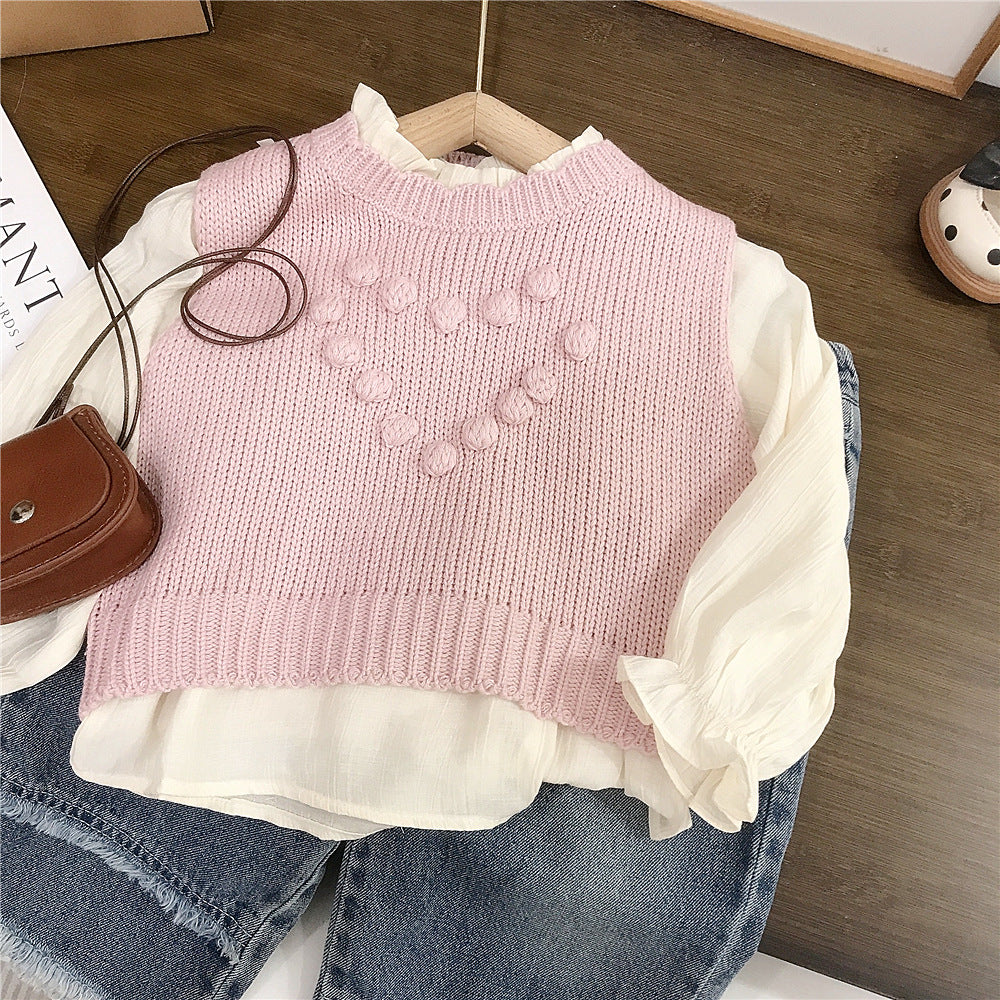 3-Piece Sweetheart Knit Vest Set – Pink Layered Blouse & Denim Outfit