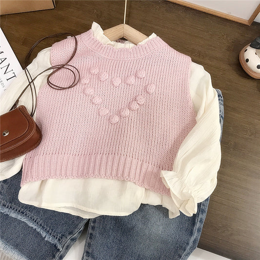 3-Piece Sweetheart Knit Vest Set – Pink Layered Blouse & Denim Outfit