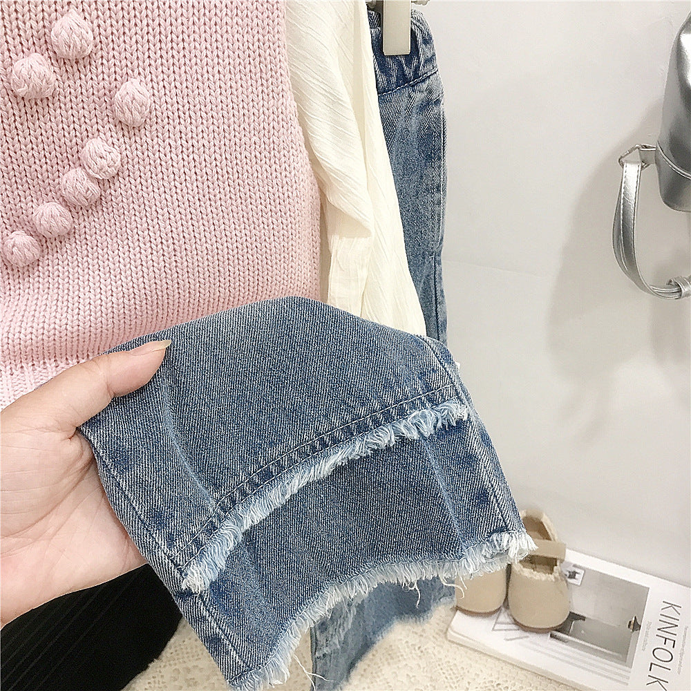 3-Piece Sweetheart Knit Vest Set – Pink Layered Blouse & Denim Outfit