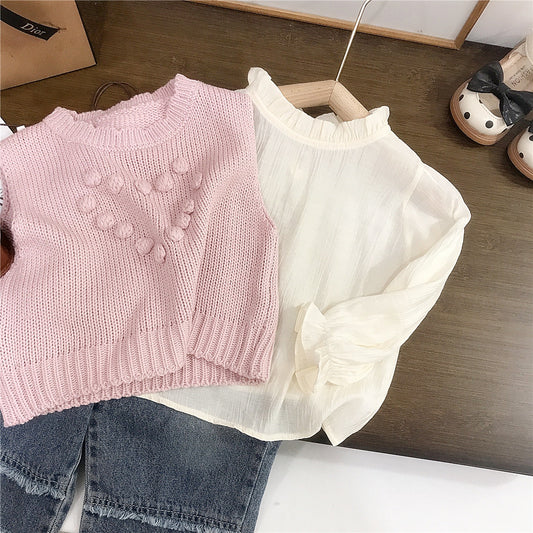 3-Piece Sweetheart Knit Vest Set – Pink Layered Blouse & Denim Outfit