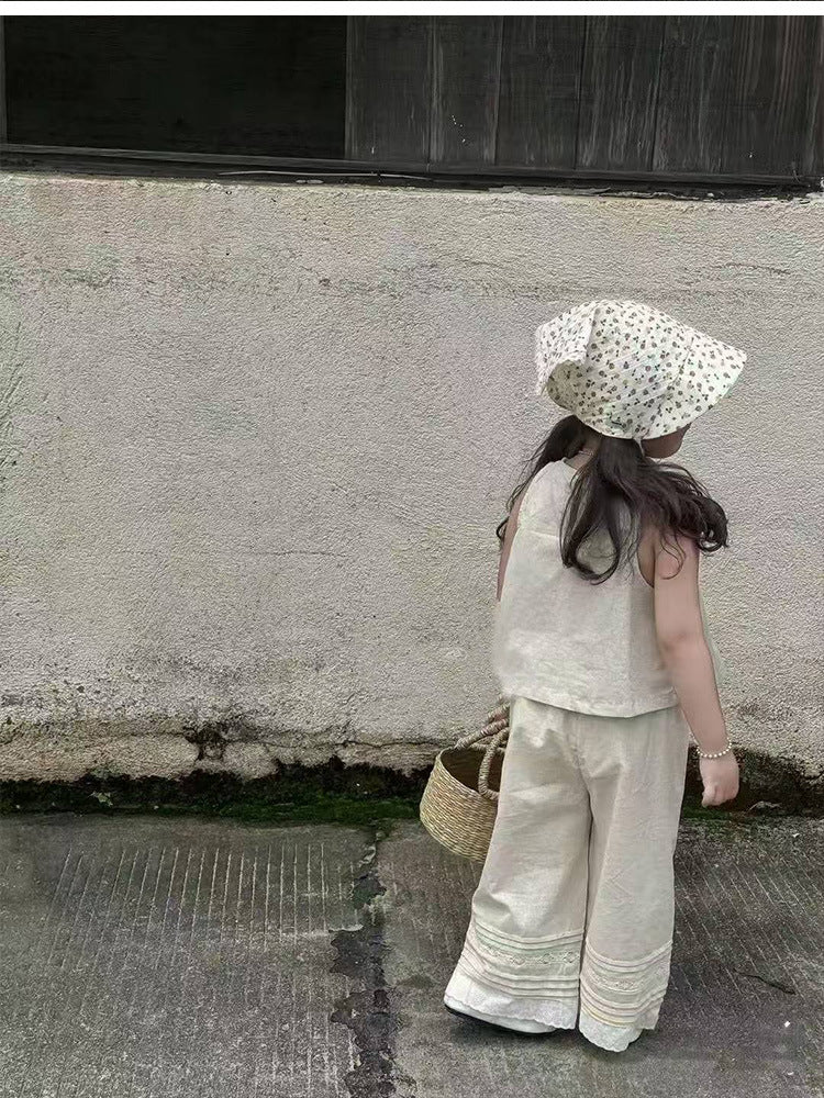 Vintage Lace Linen Set – 2-Piece Neutral Outfit for Toddler Girls