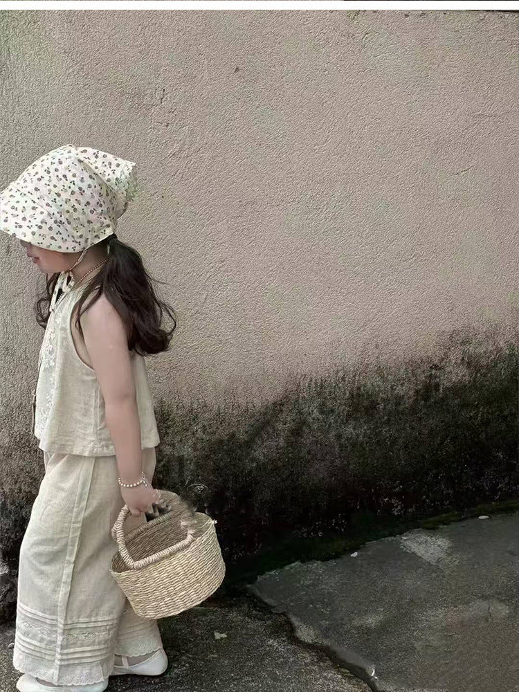 Vintage Lace Linen Set – 2-Piece Neutral Outfit for Toddler Girls