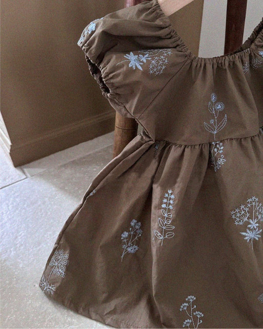 White and Brown Wildflower Puff Sleeve Dress