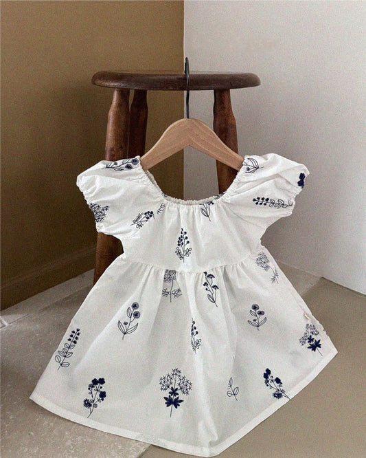 White and Brown Wildflower Puff Sleeve Dress