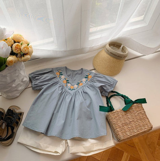 Sunpetal Embroidered Blouse Set – Blue & Cream