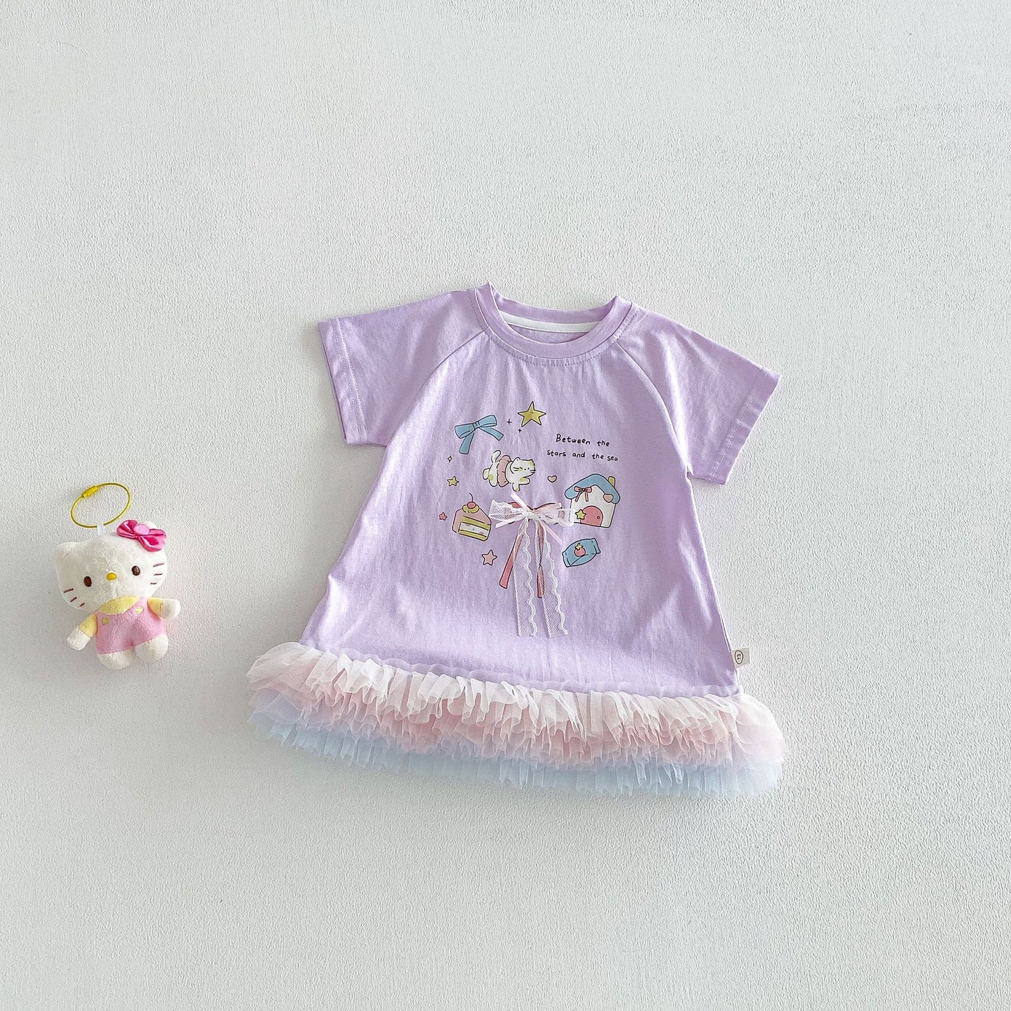Lavender Tulle Hem Dress – Bow Detail Graphic Dress