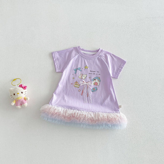Lavender Tulle Hem Dress – Bow Detail Graphic Dress