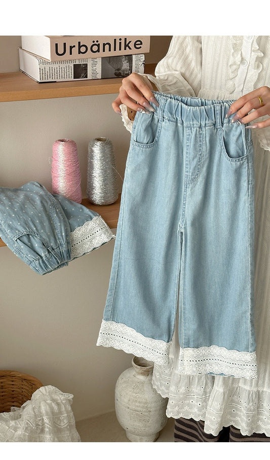 Lace Hem Wide-Leg Denim Pants