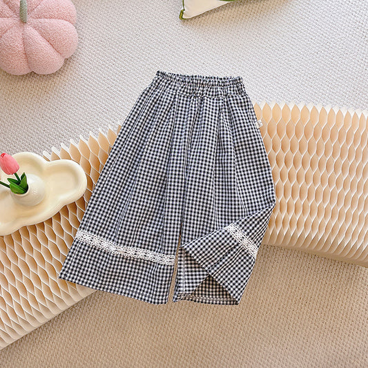 Gingham Wide-Leg Pants with Lace Trim