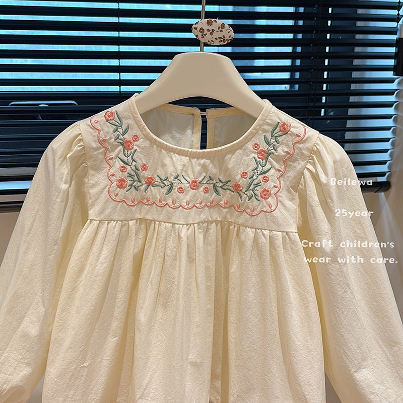 Floral Garden Embroidered Blouse – Toddler Girls’ Cream Long Sleeve Top