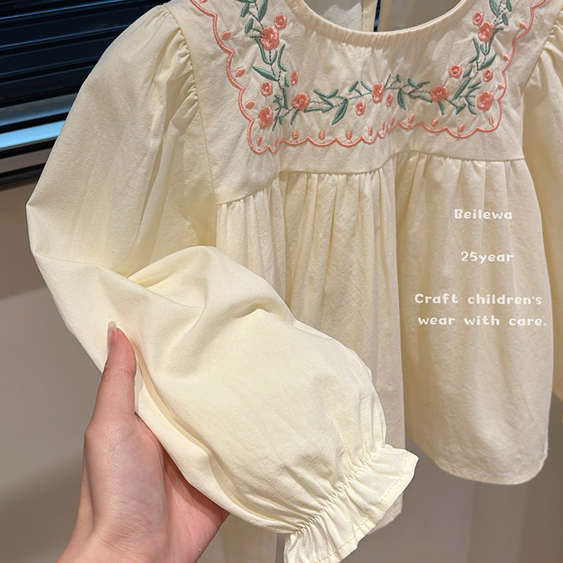 Floral Garden Embroidered Blouse – Toddler Girls’ Cream Long Sleeve Top
