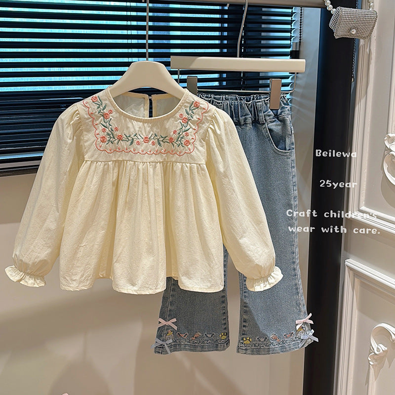 Floral Garden Embroidered Blouse – Toddler Girls’ Cream Long Sleeve Top