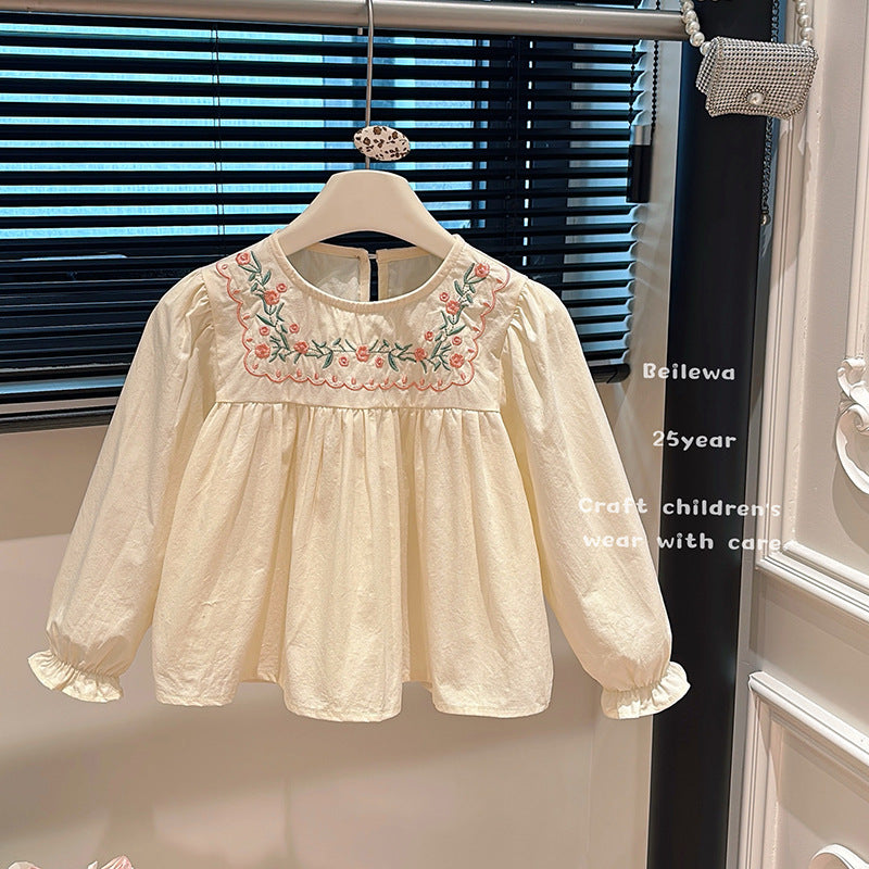 Floral Garden Embroidered Blouse – Toddler Girls’ Cream Long Sleeve Top