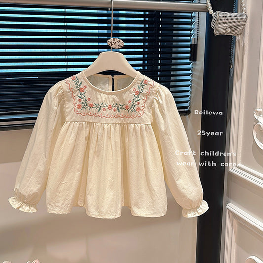 Floral Garden Embroidered Blouse – Toddler Girls’ Cream Long Sleeve Top