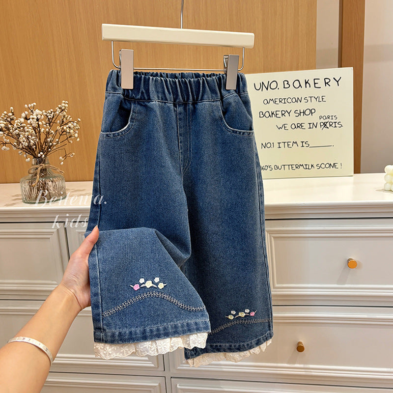 Lace Bloom Denim Pants – Toddler Girls’ Embroidered Jeans with Lace Trim
