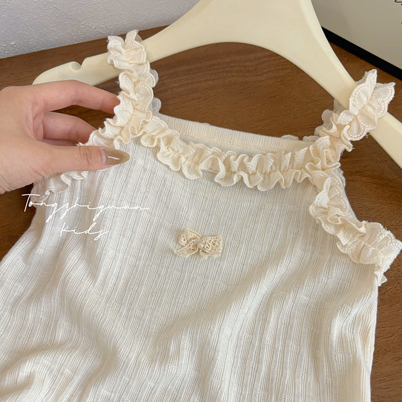 Ruffle Edge Ribbed Tank – Toddler Girls’ Cream Knit Camisole
