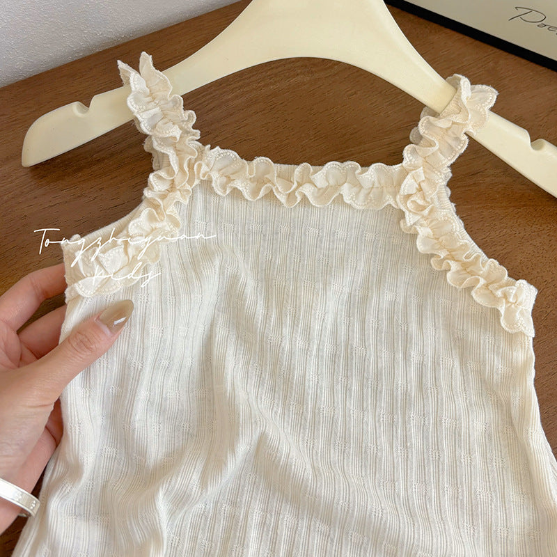 Ruffle Edge Ribbed Tank – Toddler Girls’ Cream Knit Camisole