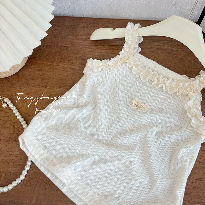 Ruffle Edge Ribbed Tank – Toddler Girls’ Cream Knit Camisole