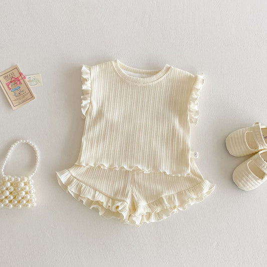 Cream Ruffle Ribbed Set