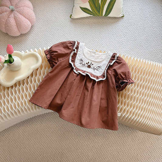 Floral Embroidered Ruffle Blouse – Toddler Girl Top in White & Cocoa Brown