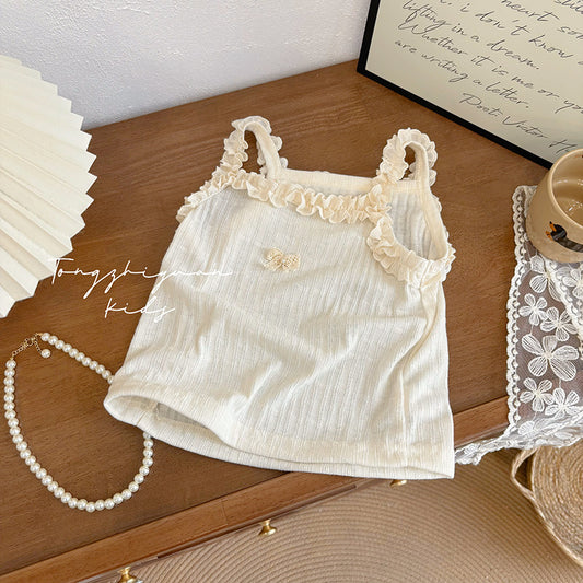 Ruffle Edge Ribbed Tank – Toddler Girls’ Cream Knit Camisole