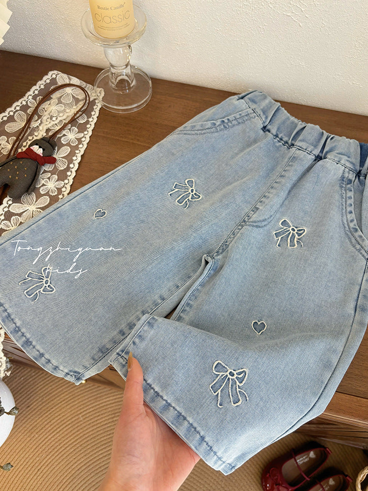 Bow & Heart Embroidered Denim Shorts – Toddler Girls’ Wide-Leg Jeans