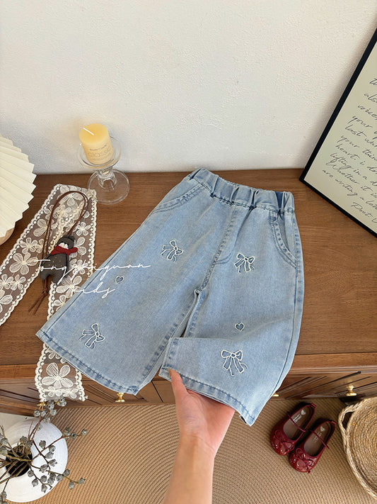 Bow & Heart Embroidered Denim Shorts – Toddler Girls’ Wide-Leg Jeans