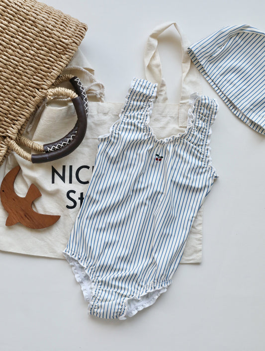 Cherry Stripe Ruffle Swimsuit + Matching Hat Set