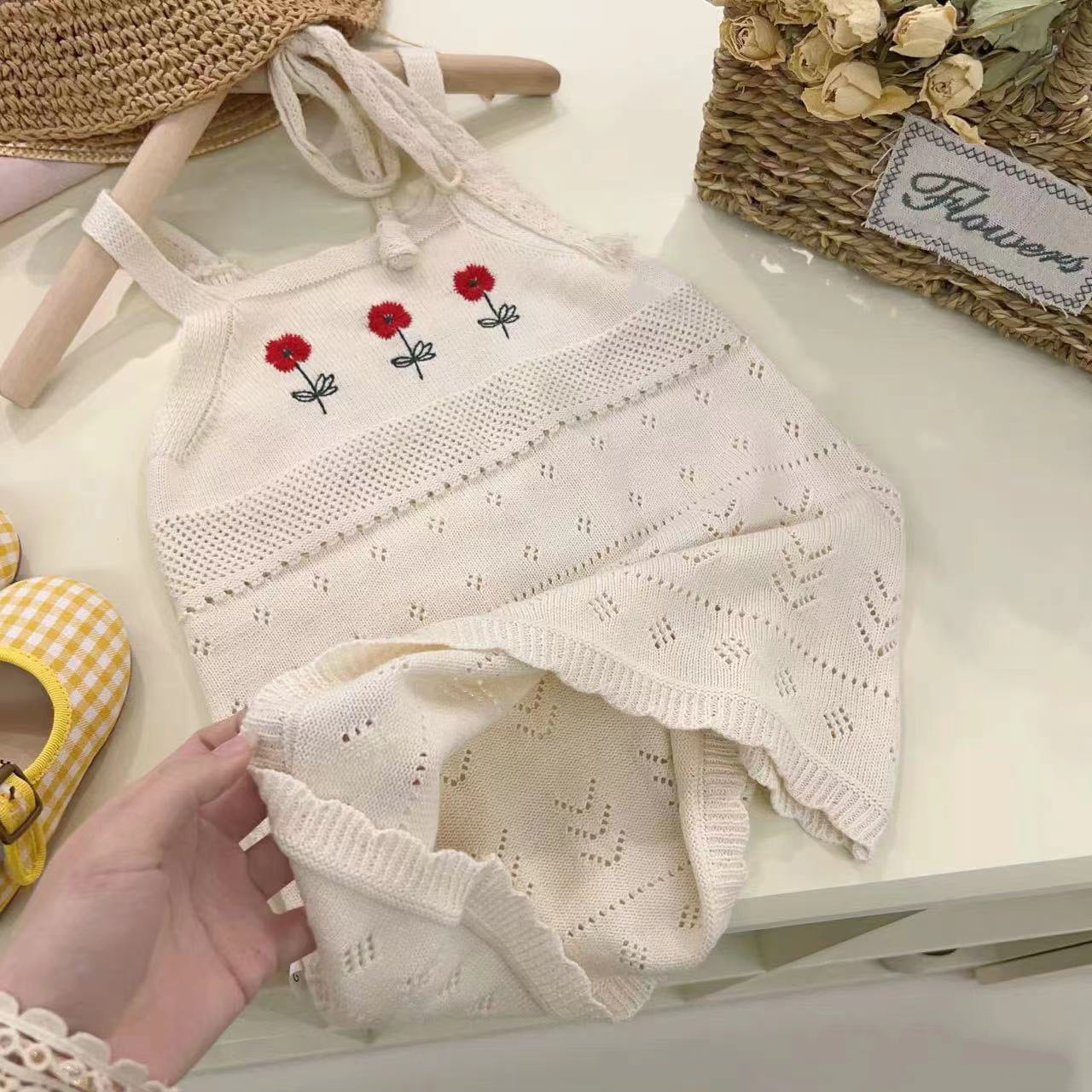 Daisy Knit Dress – Ivory & Red