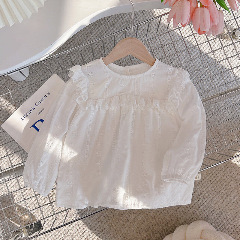 White Eyelet Ruffle Blouse – Long Sleeve Cotton Top