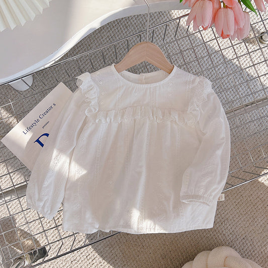 White Eyelet Ruffle Blouse – Long Sleeve Cotton Top