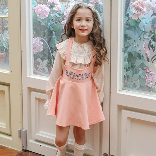 Peach Embroidered Suspender Skirt Dress